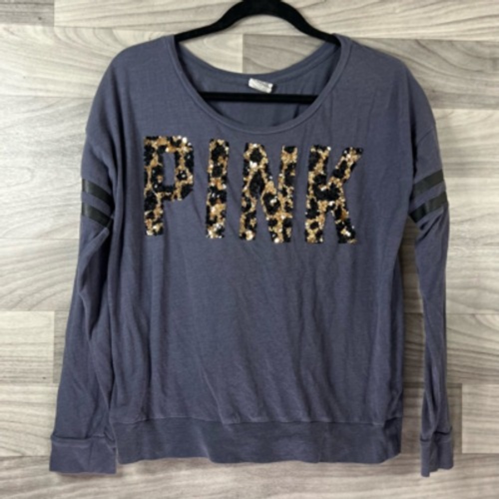 Pink Womens Casual Top Gray Leopard Sequins Spell Out Long Sleeve Scoop Neck M